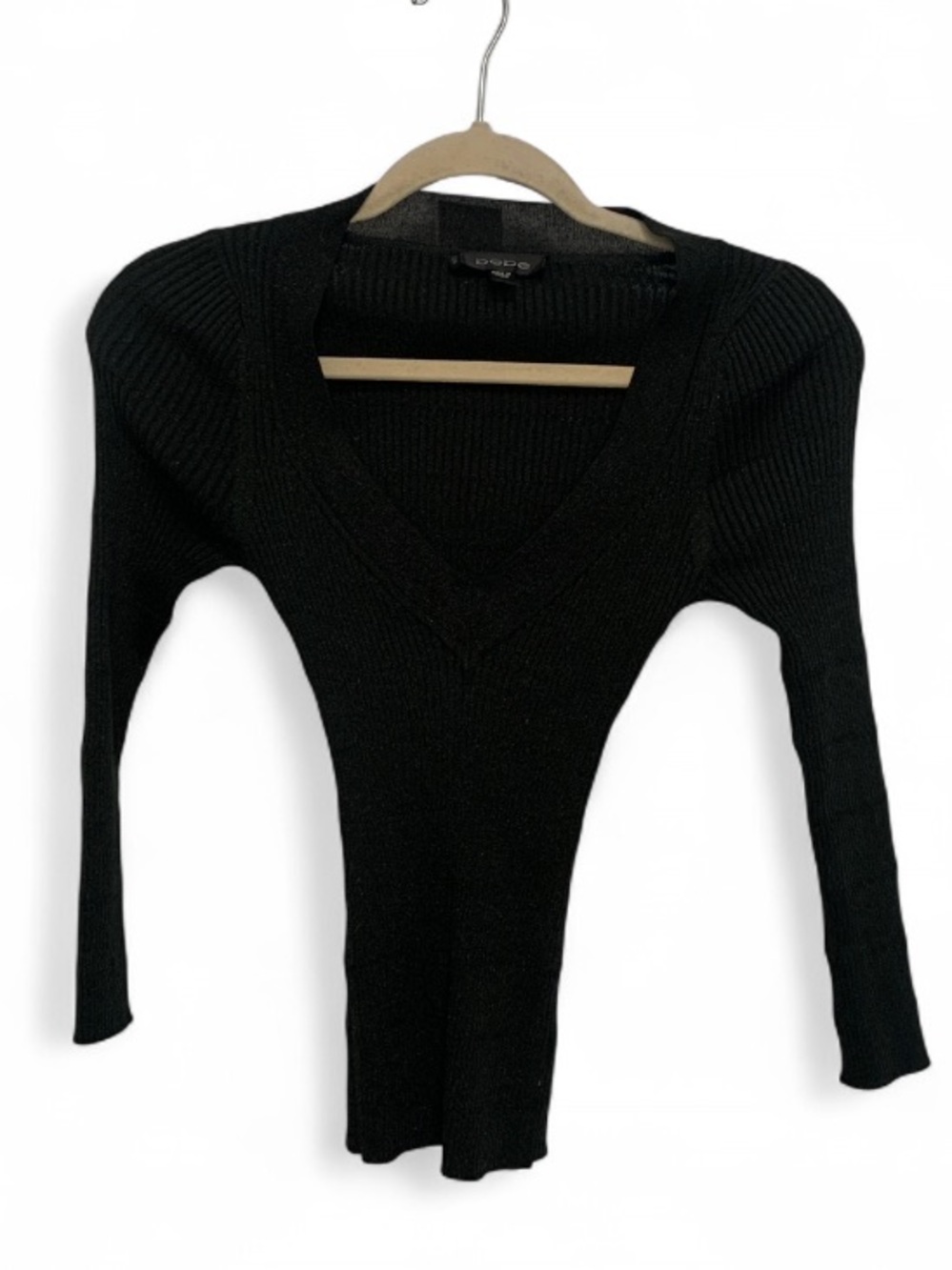Y2K Bebe Black Metallic V-Neck Ribbed Long Sleeve Top